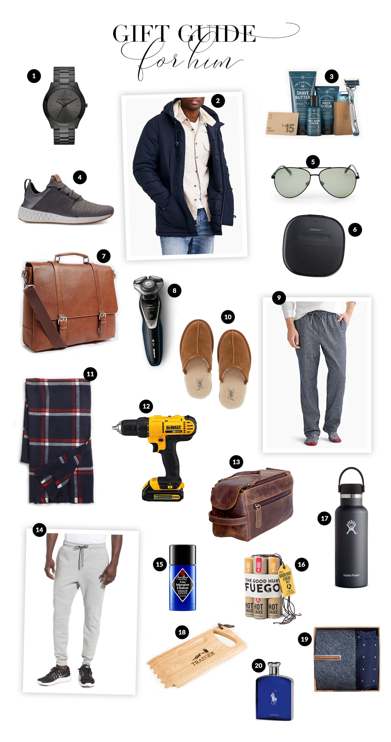 Gift Guide for Him with Haus of Layne. Our top 20 ideas for the realistic budget ranging from $250 down to $15. Catch the ideas now! #GiftGuide2018 #GiftGuides2018 #GiftGuideForHim #GiftGuideForDad #GiftIdeasForMen #GiftIdeasForDad