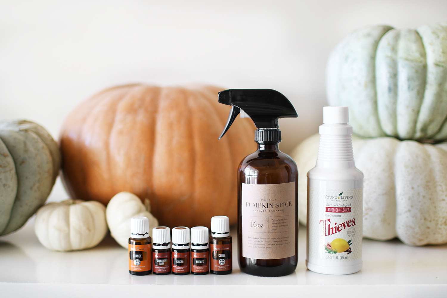 How to make pumpkin spice Thieves household cleaner. We love this cleaner and the changes it has brought to our home. And when September hits, I love transforming it into a pumpkin spice scented wonder. Catch the recipe and how-to over on KaraLayne.com! #ThievesCLeaner #YoungLiving #NonToxicCleaner #NonToxicHouseholdCleaner #PlantBasedCleaner #CleanLiving #NonToxicHome #DitchingAndSwitching #EssentialOils