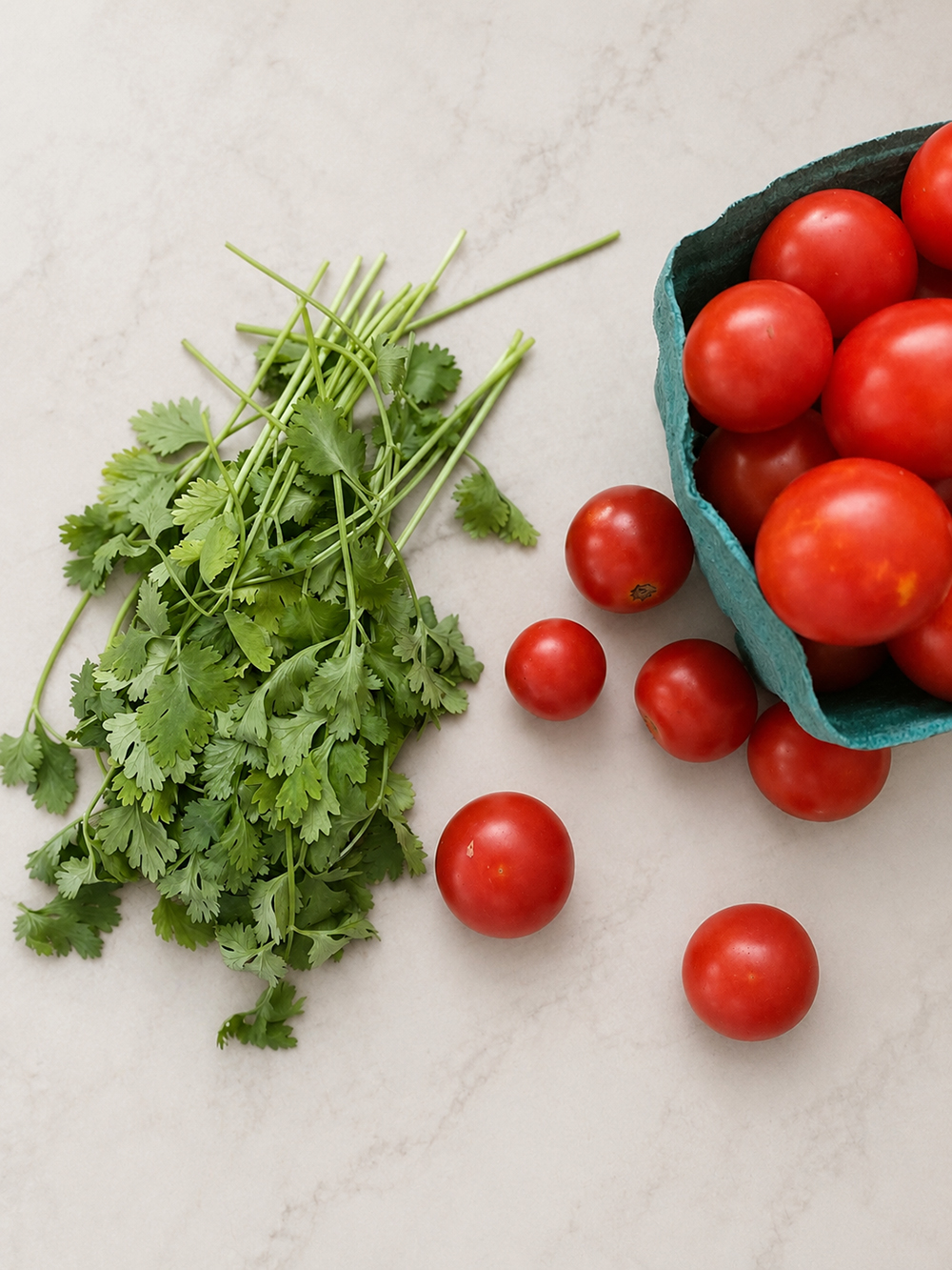 Fresh cilantro and cherry tomatoes prepared for a homemade Southwest chicken salad recipe.